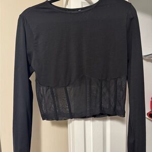 Black Long Sleeve Mesh Crop Top